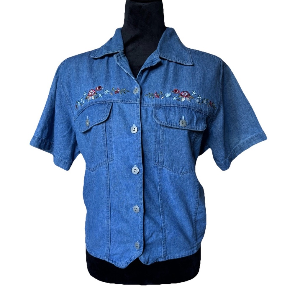New Look VTG Embroidered Denim Button Up Short Sleeve Shoulder Pads SM Tie Shirt